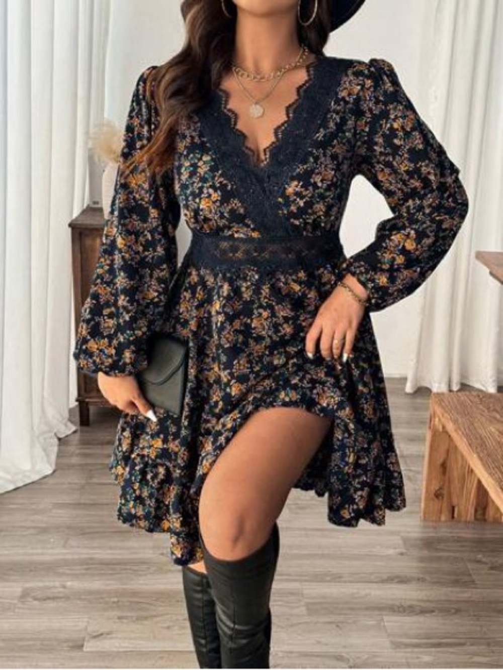 SHEIN Women’s Navy Ditsy Floral Lace Trimmed Lantern Sleeve Mini Dress